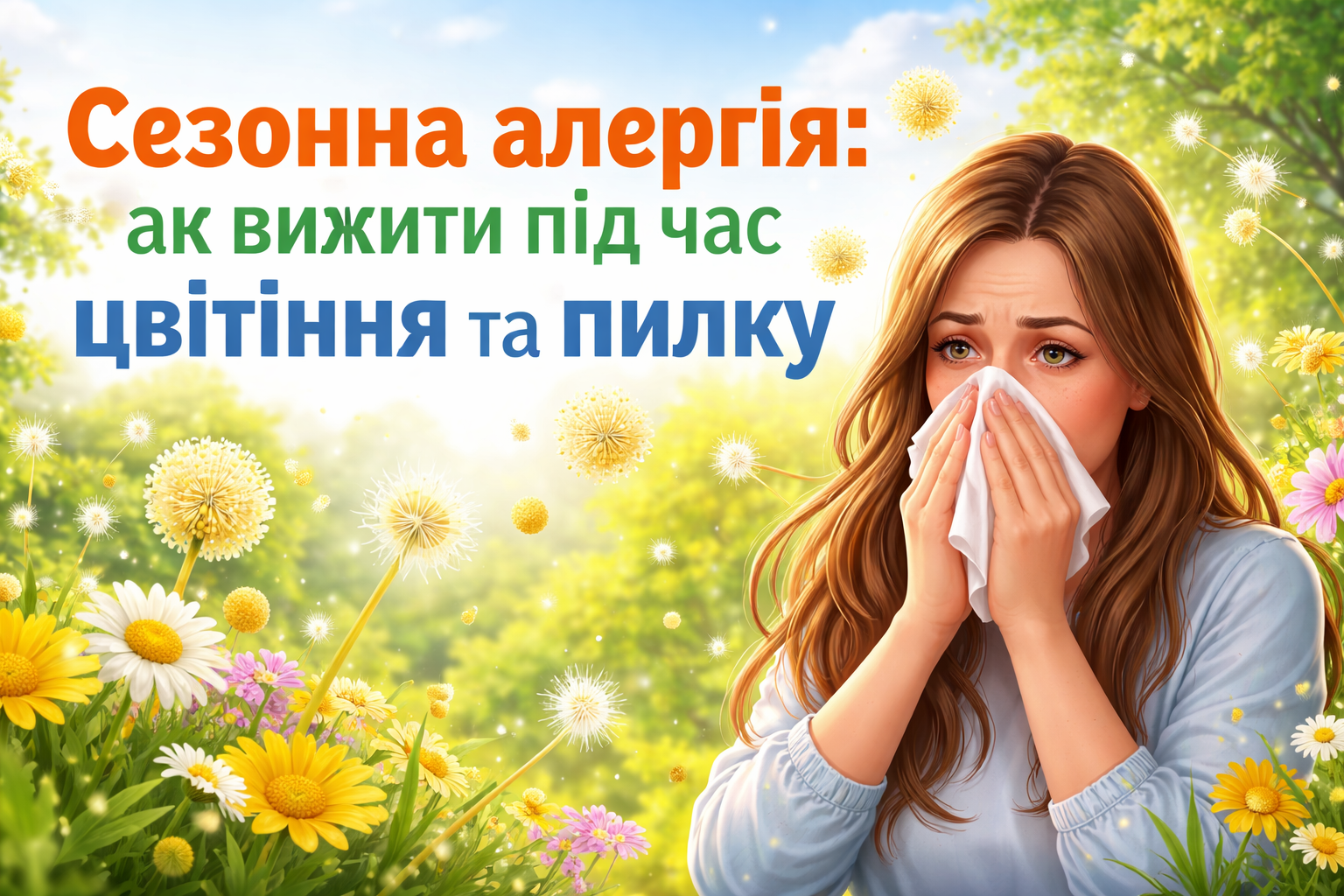 Жінка на квітучому полі чхає через пилок, навколо літають частинки пилку, весна