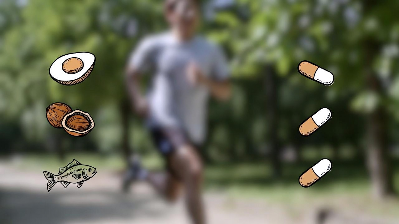 Людина робить вправи для суглобів поруч з корисними продуктами та добавками