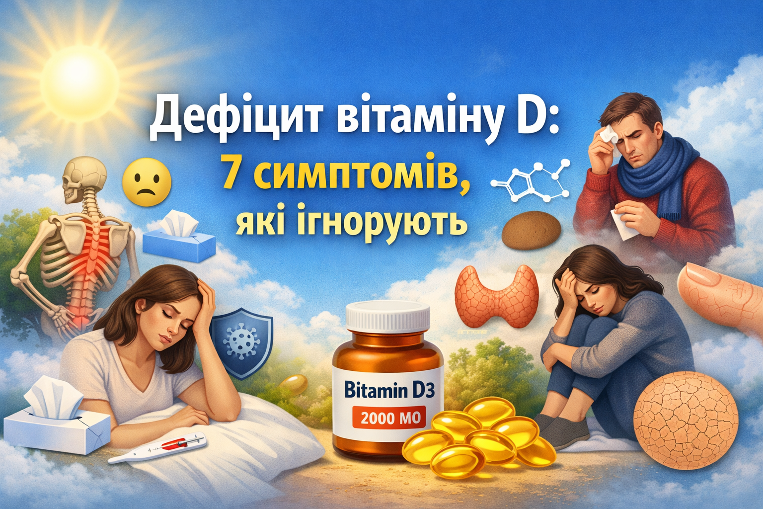Ілюстрація, що показує 7 симптомів дефіциту вітаміну D: втома, біль у м’язах, слабкість, поганий настрій, ламкість кісток, проблеми зі сном, випадіння волосся.